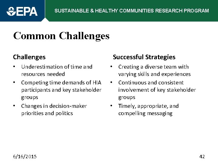 SUSTAINABLE & HEALTHY COMMUNITIES RESEARCH PROGRAM Common Challenges • Underestimation of time and resources