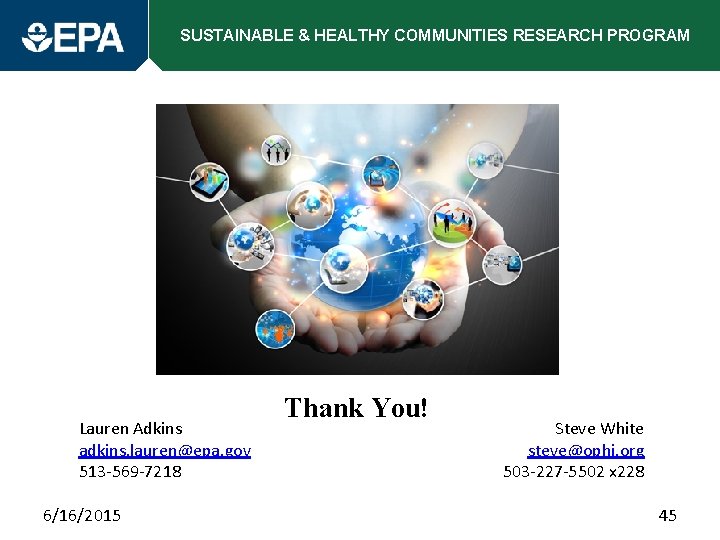 SUSTAINABLE & HEALTHY COMMUNITIES RESEARCH PROGRAM Lauren Adkins adkins. lauren@epa. gov 513 -569 -7218