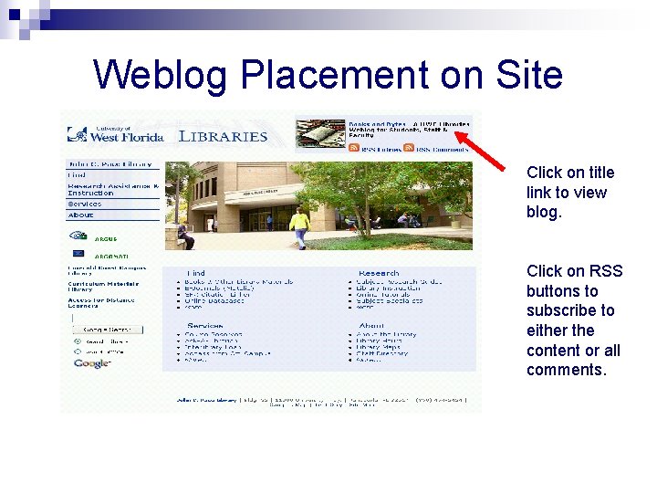 Weblog Placement on Site Click on title link to view blog. Click on RSS