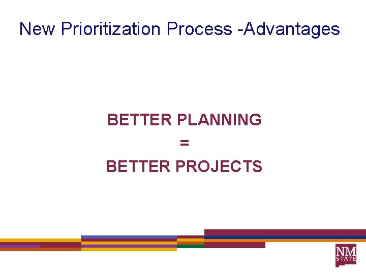 New Prioritization Process -Advantages BETTER PLANNING = BETTER PROJECTS 