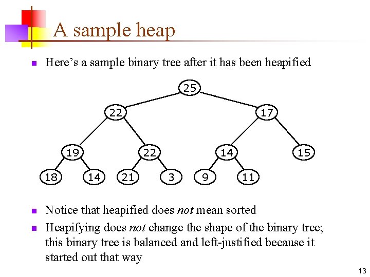 A sample heap n Here’s a sample binary tree after it has been heapified