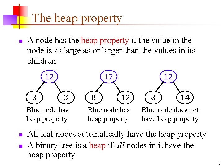 The heap property n A node has the heap property if the value in