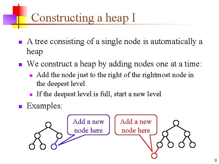 Constructing a heap I n n A tree consisting of a single node is