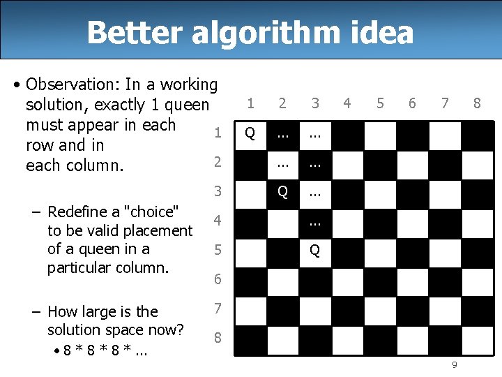 Better algorithm idea • Observation: In a working solution, exactly 1 queen must appear
