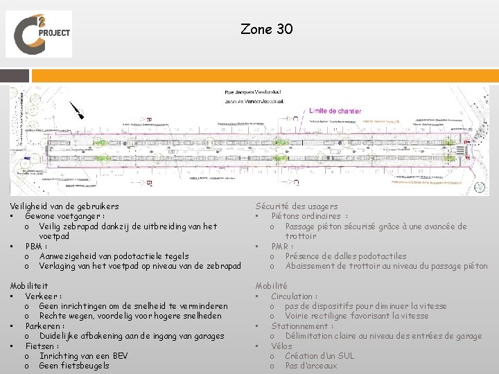 Zone 30 Veiligheid van de gebruikers • Gewone voetganger : o Veilig zebrapad dankzij