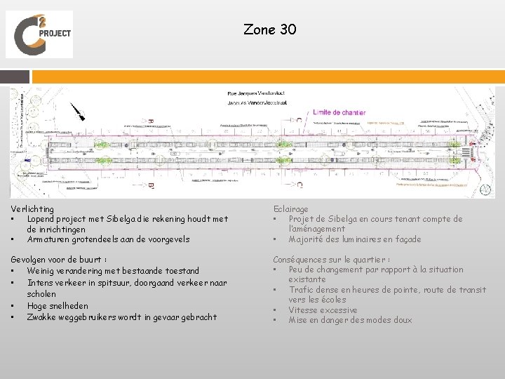 Zone 30 Verlichting • Lopend project met Sibelga die rekening houdt met de inrichtingen