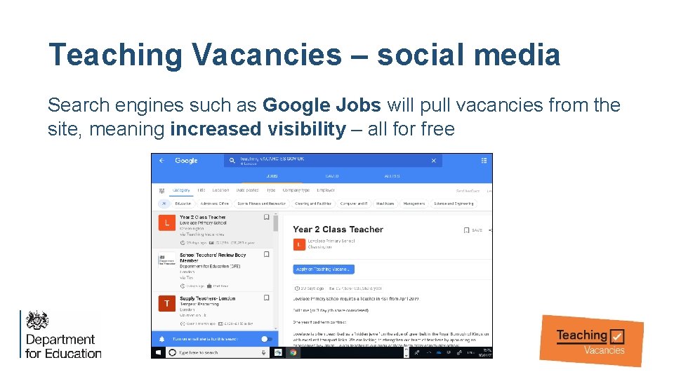 Teaching Vacancies – social media Search engines such as Google Jobs will pull vacancies