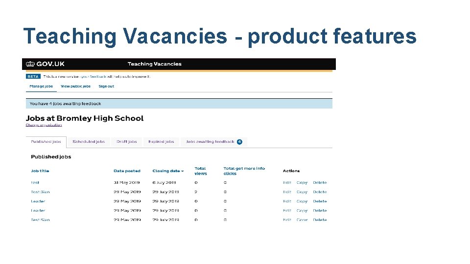 Teaching Vacancies - product features 