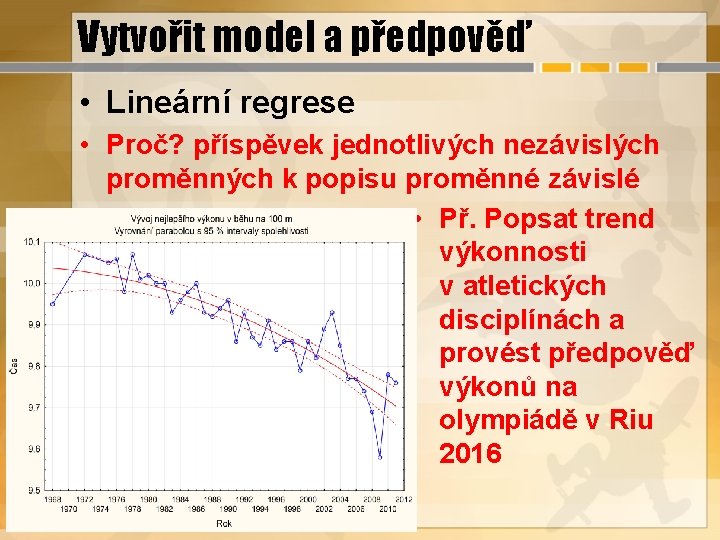 Vytvořit model a předpověď • Lineární regrese • Proč? příspěvek jednotlivých nezávislých proměnných k