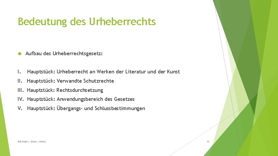 Bedeutung des Urheberrechts I. Aufbau des Urheberrechtsgesetz: Hauptstück: Urheberrecht an Werken der Literatur und