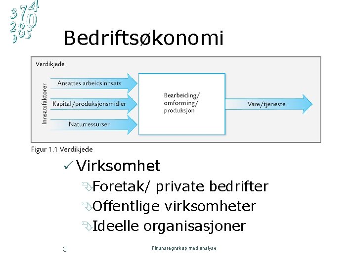 Bedriftsøkonomi ü Virksomhet ÊForetak/ private bedrifter ÊOffentlige virksomheter ÊIdeelle organisasjoner 3 Finansregnskap med analyse