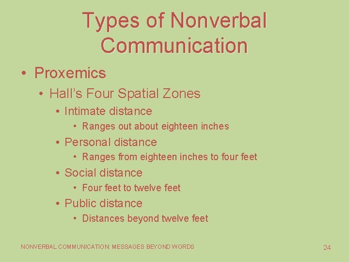 Types of Nonverbal Communication • Proxemics • Hall’s Four Spatial Zones • Intimate distance