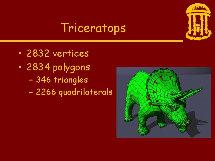 Triceratops • 2832 vertices • 2834 polygons – 346 triangles – 2266 quadrilaterals 