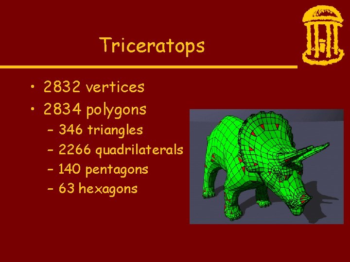 Triceratops • 2832 vertices • 2834 polygons – – 346 triangles 2266 quadrilaterals 140
