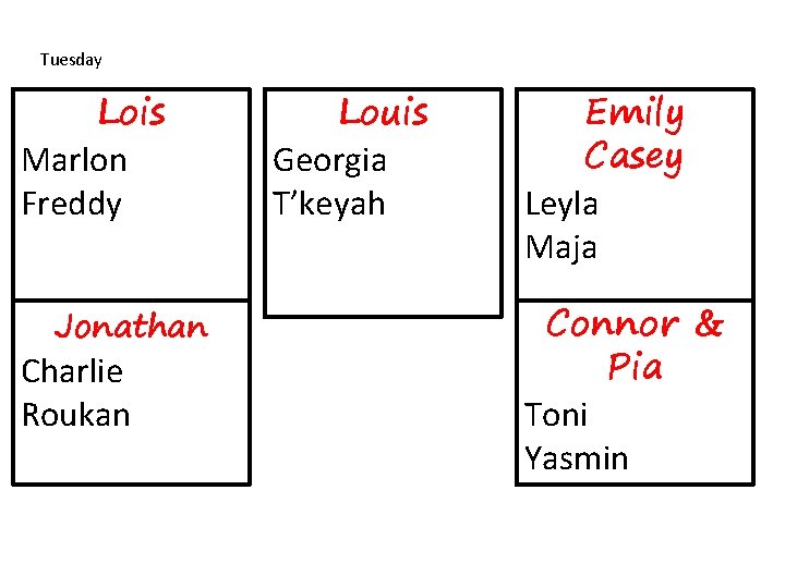 Tuesday Lois Marlon Freddy Jonathan Charlie Roukan Louis Georgia T’keyah Emily Casey Leyla Maja