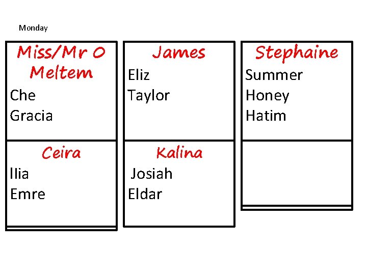 Monday Miss/Mr 0 Meltem Che Gracia Ceira l. Iia Emre James Eliz Taylor Kalina