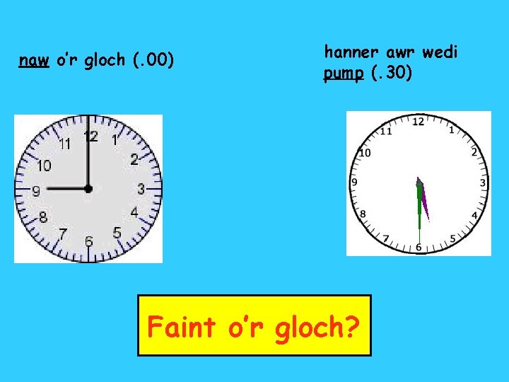 naw o’r gloch (. 00) hanner awr wedi pump (. 30) Faint o’r gloch?