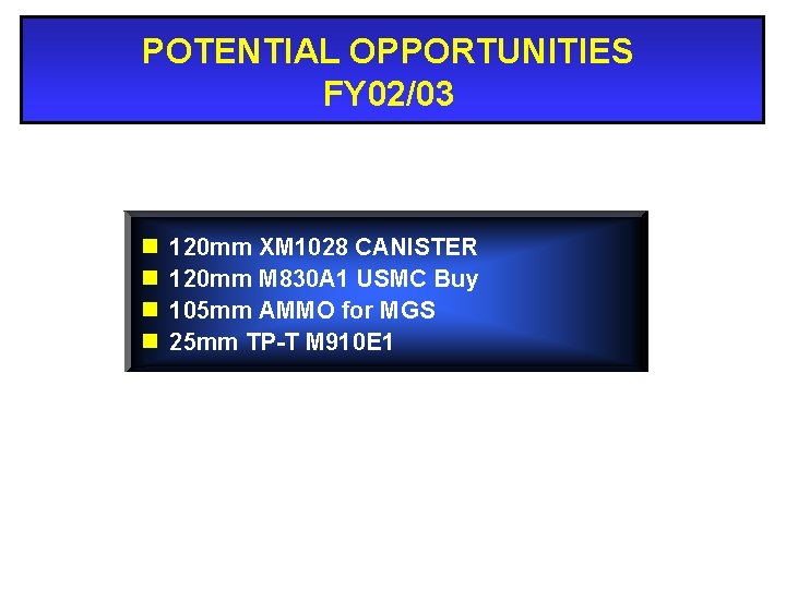 POTENTIAL OPPORTUNITIES FY 02/03 n n 120 mm XM 1028 CANISTER 120 mm M
