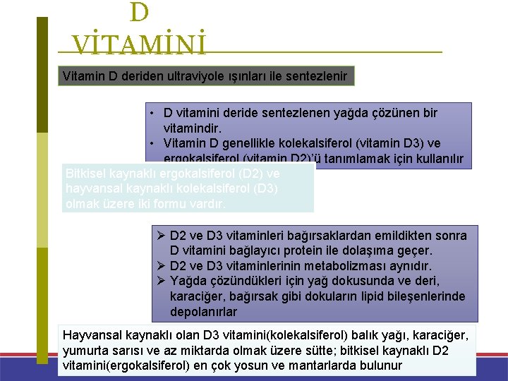 D VİTAMİNİ Vitamin D deriden ultraviyole ışınları ile sentezlenir • D vitamini deride sentezlenen