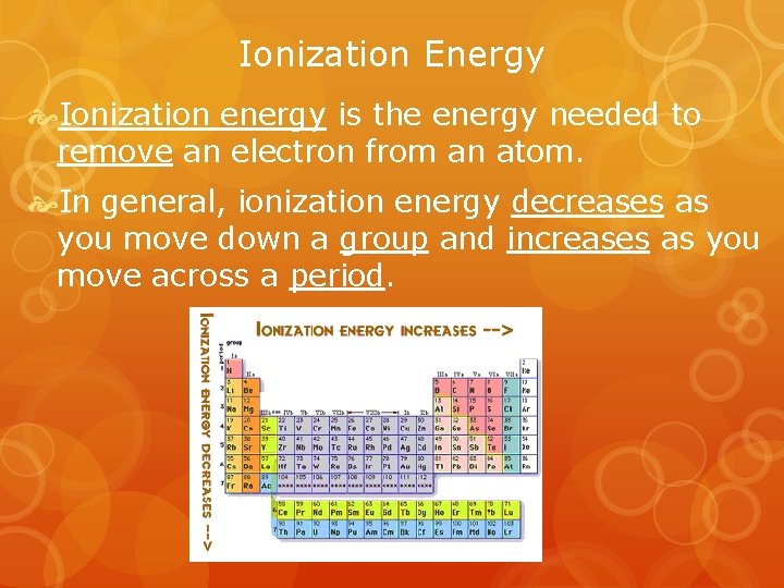 Ionization Energy Ionization energy is the energy needed to remove an electron from an