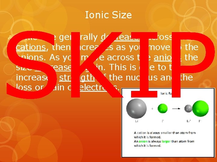 SKIP Ionic Size Ionic size generally decreases across the cations, then increases as you