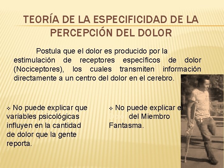 TEORÍA DE LA ESPECIFICIDAD DE LA PERCEPCIÓN DEL DOLOR Postula que el dolor es