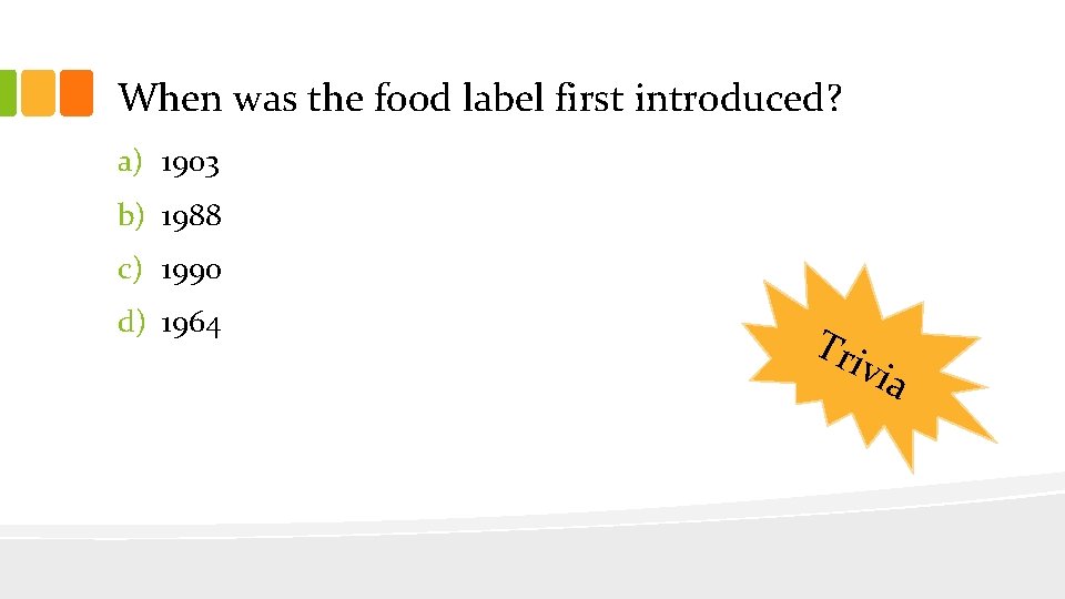 When was the food label first introduced? a) 1903 b) 1988 c) 1990 d)