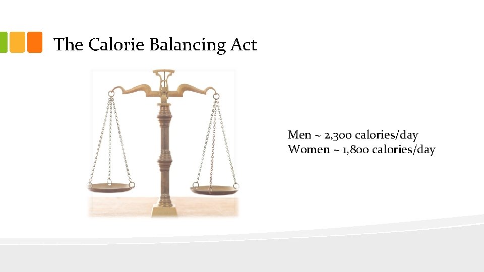 The Calorie Balancing Act Men ~ 2, 300 calories/day Women ~ 1, 800 calories/day