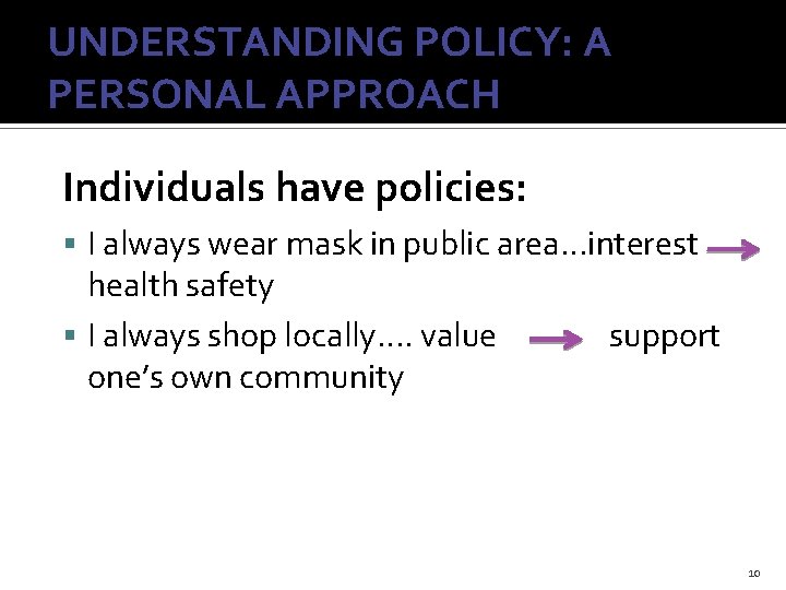 UNDERSTANDING POLICY: A PERSONAL APPROACH Individuals have policies: I always wear mask in public