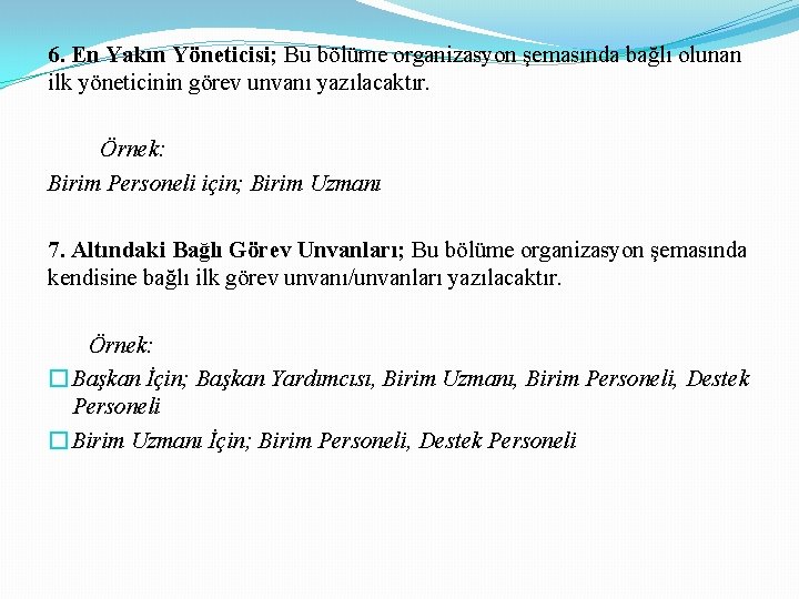 6. En Yakın Yöneticisi; Bu bölüme organizasyon şemasında bağlı olunan ilk yöneticinin görev unvanı
