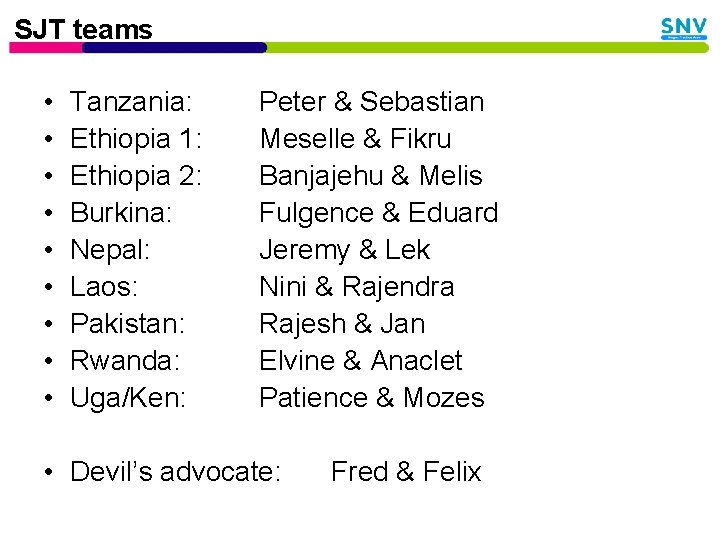 SJT teams • • • Tanzania: Ethiopia 1: Ethiopia 2: Burkina: Nepal: Laos: Pakistan: