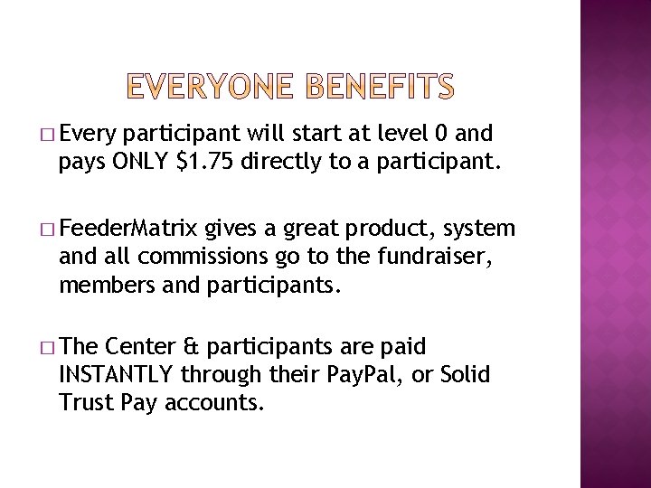 � Every participant will start at level 0 and pays ONLY $1. 75 directly