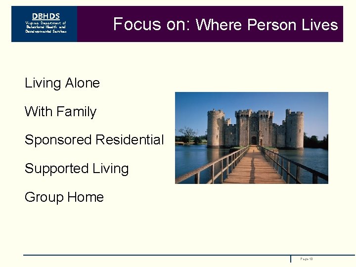 DBHDS Virginia Department of Behavioral Health and Developmental Services Focus on: Where Person Lives