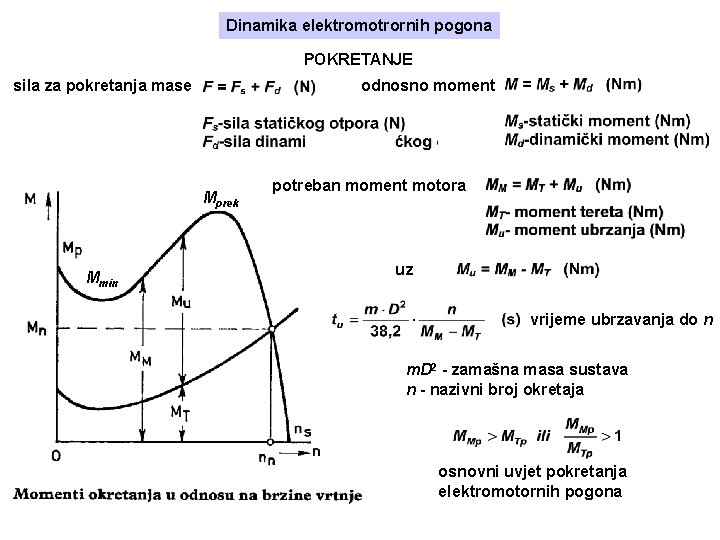 Dinamika elektromotrornih pogona POKRETANJE sila za pokretanja mase odnosno moment Mprek Mmin potreban moment