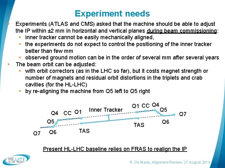 Experiment needs § § Experiments (ATLAS and CMS) asked that the machine should be