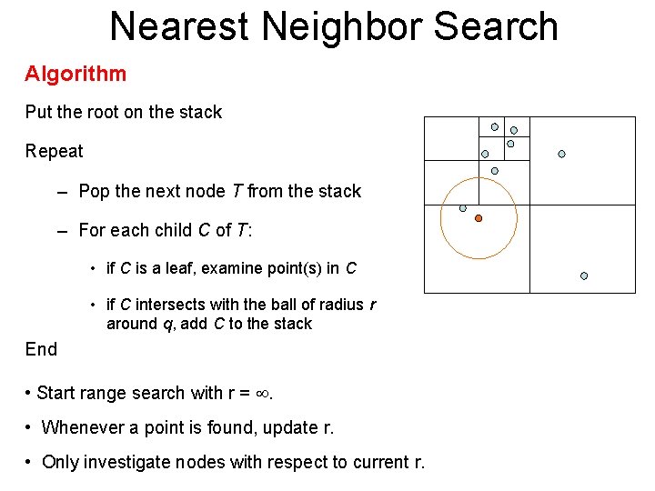 Nearest Neighbor Search Algorithm Put the root on the stack Repeat – Pop the