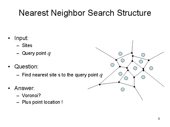 Nearest Neighbor Search Structure • Input: – Sites – Query point q • Question: