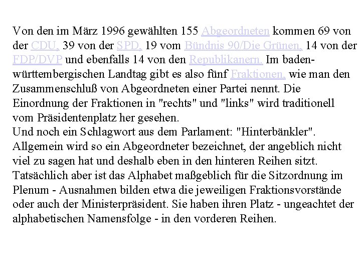Von den im März 1996 gewählten 155 Abgeordneten kommen 69 von der CDU, 39