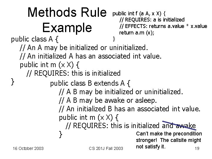 Methods Rule Example public int f (a A, x X) { // REQUIRES: a