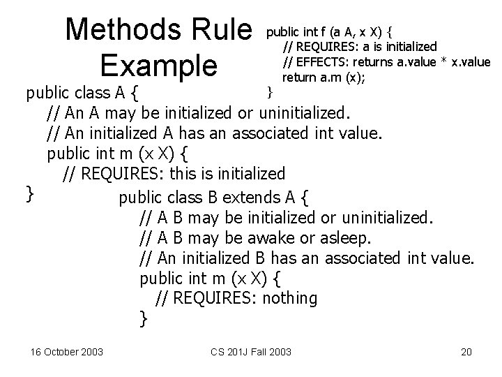 Methods Rule Example public int f (a A, x X) { // REQUIRES: a