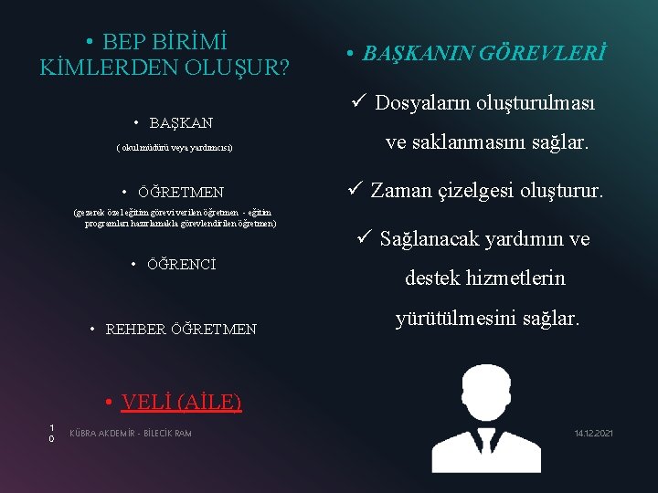  • BEP BİRİMİ KİMLERDEN OLUŞUR? • BAŞKAN ( okul müdürü veya yardımcısı) •