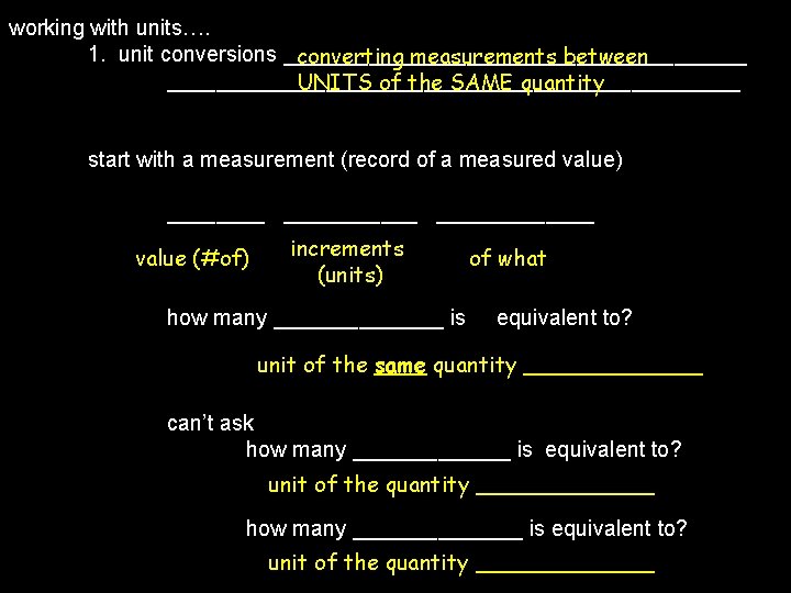 working with units…. 1. unit conversions ___________________ converting measurements between ________________________ UNITS of the