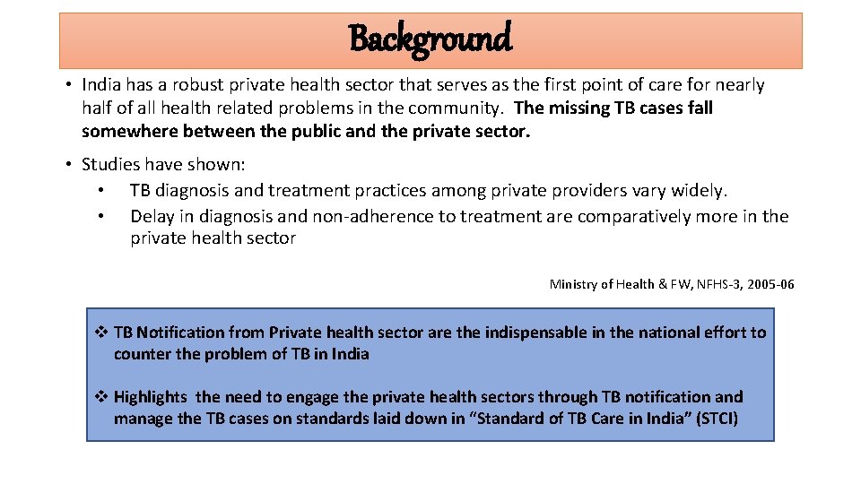Background • India has a robust private health sector that serves as the first