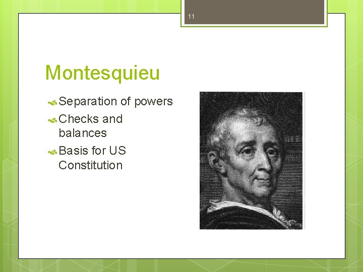 11 Montesquieu Separation of powers Checks and balances Basis for US Constitution 