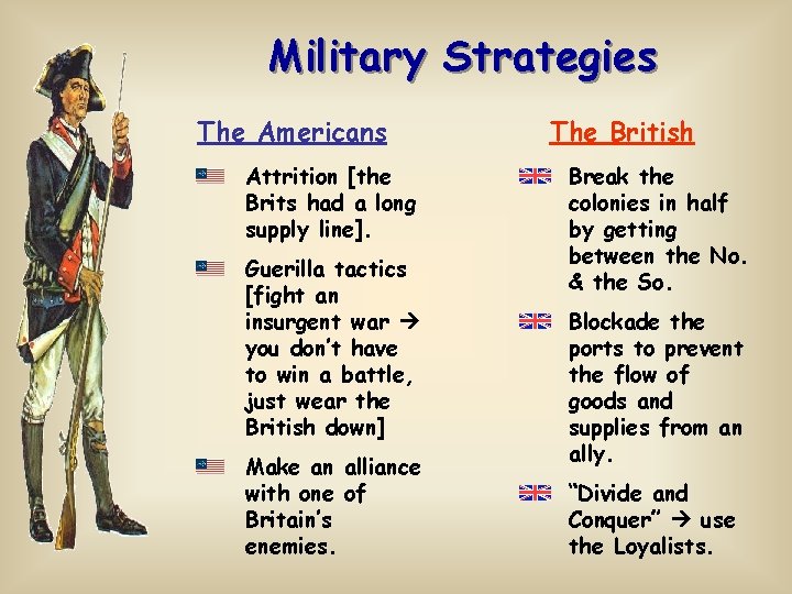 Military Strategies The Americans Attrition [the Brits had a long supply line]. Guerilla tactics