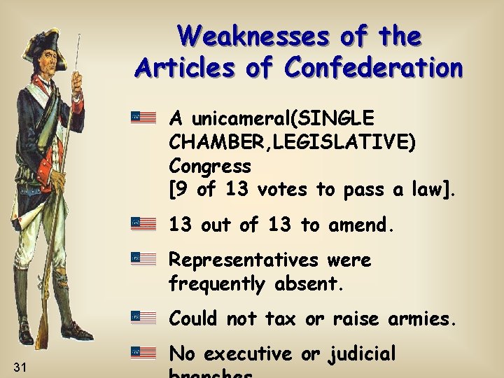 Weaknesses of the Articles of Confederation A unicameral(SINGLE CHAMBER, LEGISLATIVE) Congress [9 of 13