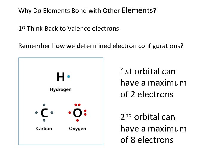 Why Do Elements Bond with Other Elements? 1 st Think Back to Valence electrons.