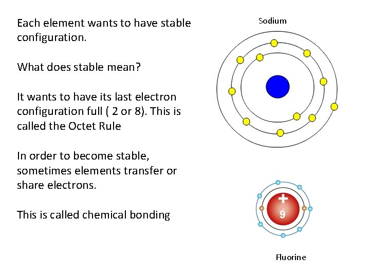 Each element wants to have stable configuration. Sodium What does stable mean? It wants