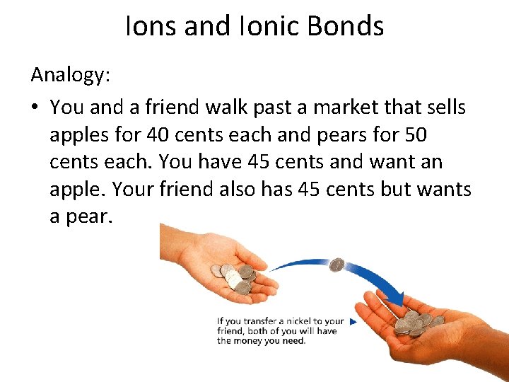 - Ionic Bonds Ions and Ionic Bonds Analogy: • You and a friend walk