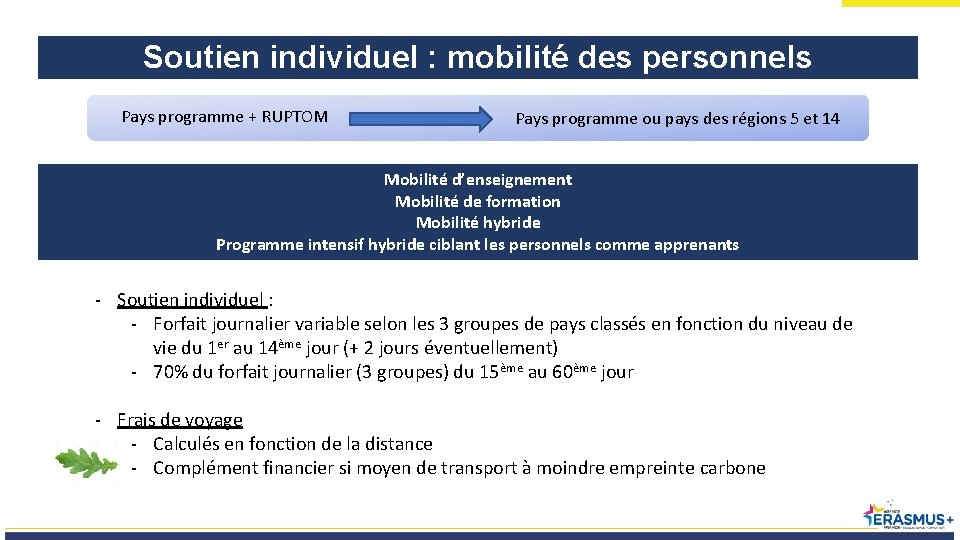 Soutien individuel : mobilité des personnels Pays programme + RUPTOM Pays programme ou pays